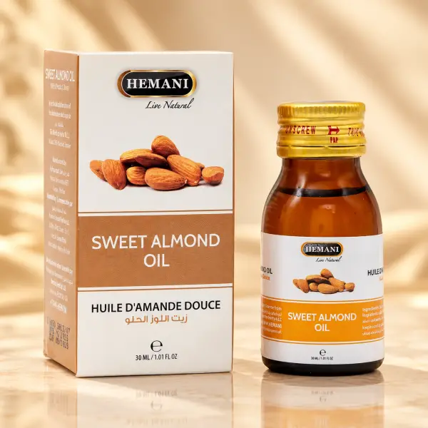 Hemani Sweet Almond Oil – Vaj i Bajames së Ëmbël për Flokë dhe Lëkurë, 30 ml