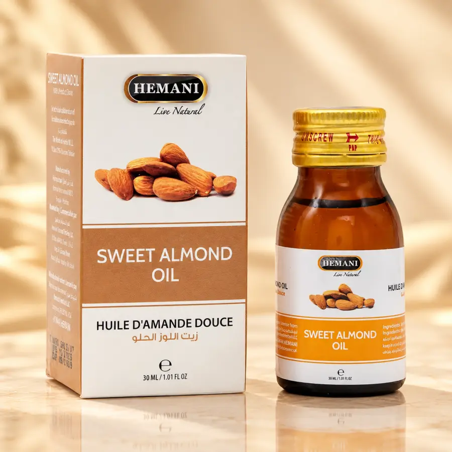 Hemani Sweet Almond Oil – Vaj i Bajames së Ëmbël për Flokë dhe Lëkurë, 30 ml